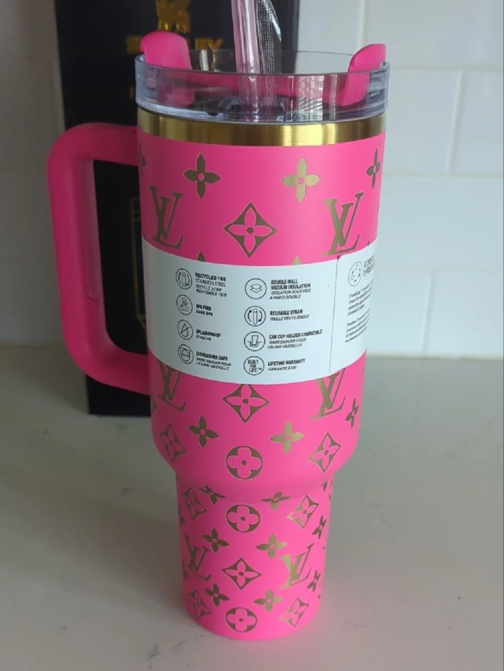 Pink Tumbler with Gold Accents and Handle